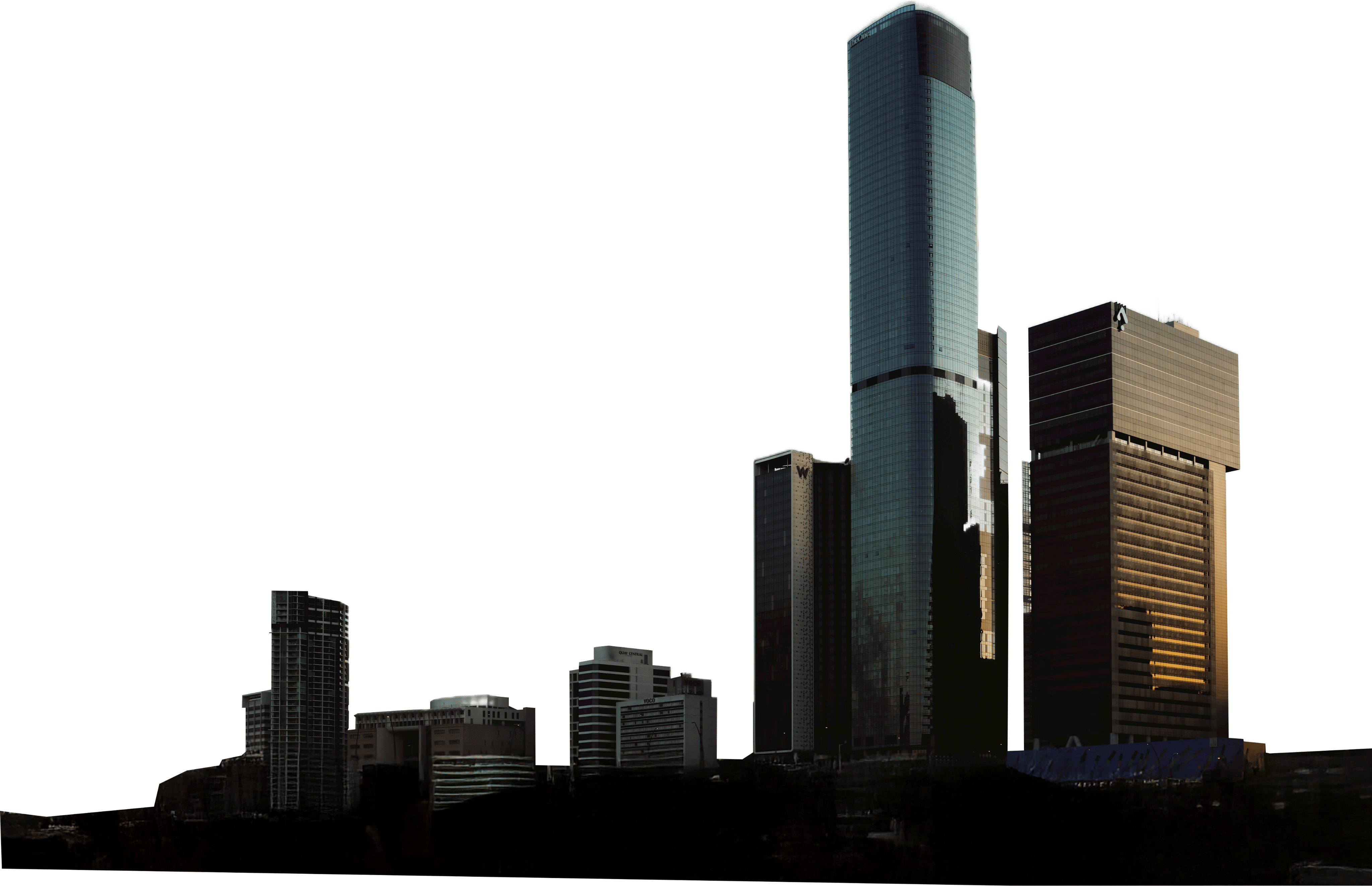 High-rise skyline featuring modern glass skyscrapers at sunset, with sleek architectural design reflecting urban sophistication.