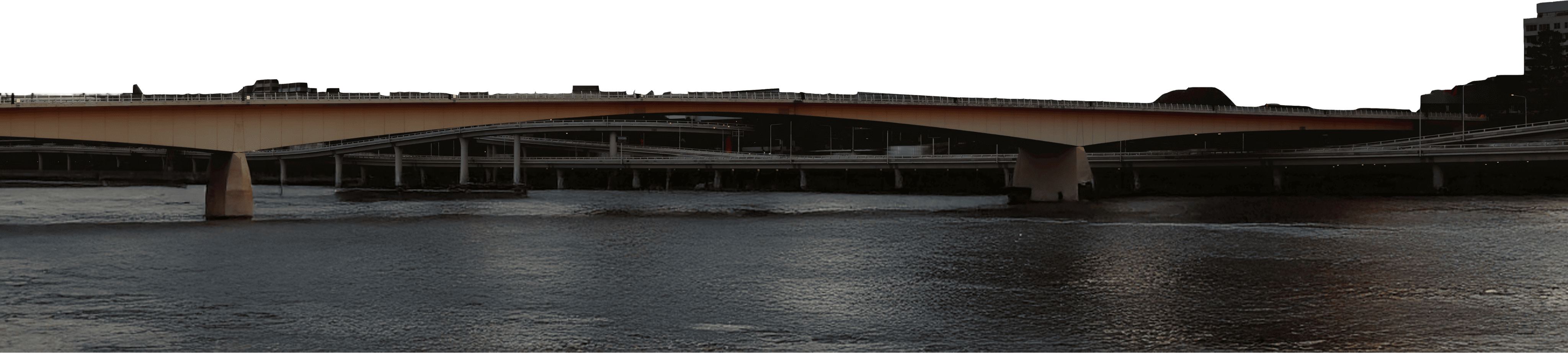 Wide-angle view of a modern bridge spanning across a calm river, captured at dusk with subtle reflections on the water surface.